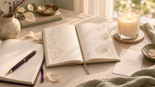 Warm, peaceful setting with an open journal, pen, affirmation card, candle, and dried botanicals arranged for a gentle letting-go ritual.