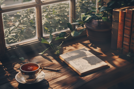 A cozy wooden desk by a sunlit window with green plants outside, a steaming cup of tea, an open journal with writing, and vintage books stacked beside a potted plant.