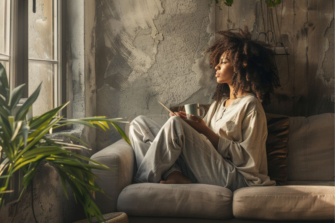 Woman sitting by a window holding a cup, reflecting quietly during a season of starting over