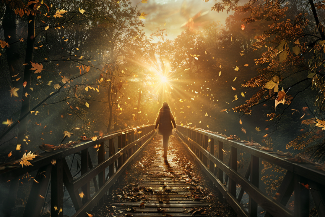 A woman walking across a wooden bridge surrounded by falling autumn leaves, moving toward a radiant sunrise, symbolizing courage and breaking free from fear-based habits.