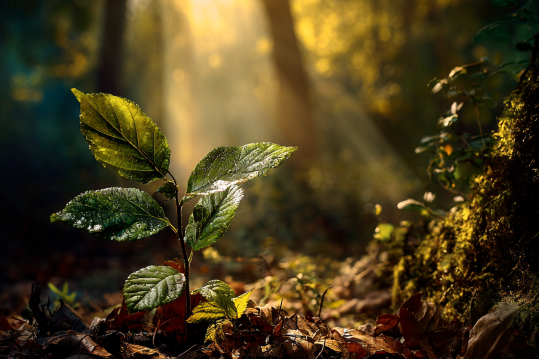 Sunlit forest clearing with golden light shining on a small green sprout, symbolizing creating space for possibility and new beginnings.”