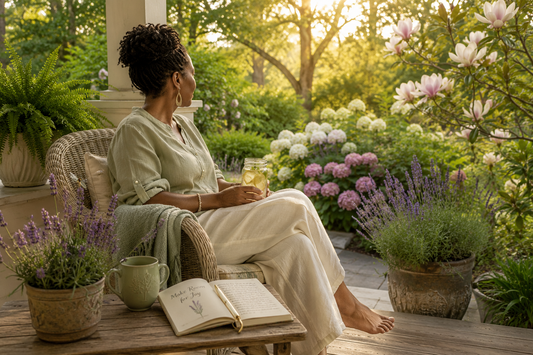 A Black woman relaxes on a shaded garden porch at sunrise with a journal and lemon water, surrounded by blooming summer flowers.