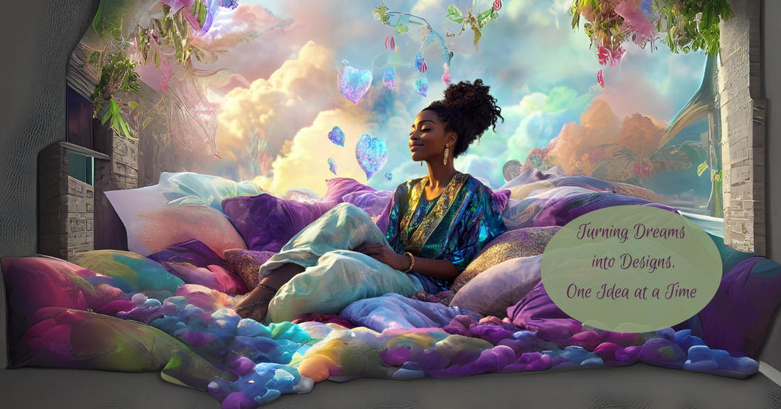 Whimsical digital playground with floating pillows, wall art, and product designs, blending elements of e-commerce platforms like TikTok, Facebook, and Amazon. A woman surrounded by creativity, joyfully crafting and designing products.