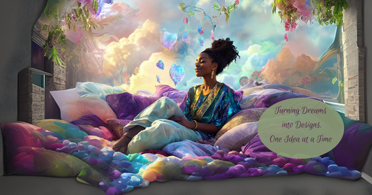 Whimsical digital playground with floating pillows, wall art, and product designs, blending elements of e-commerce platforms like TikTok, Facebook, and Amazon. A woman surrounded by creativity, joyfully crafting and designing products.