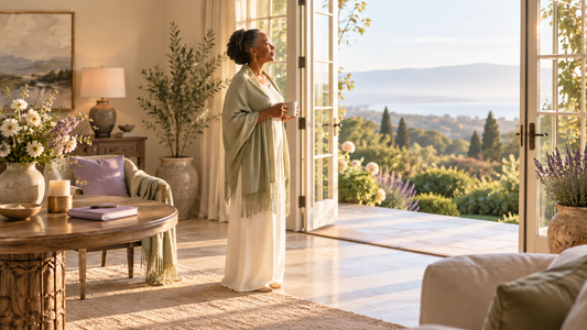 Mature Black woman standing peacefully beside open French doors in a bright, uncluttered room, looking toward a sunlit garden and distant landscape, symbolizing reflection, release, and making room for what comes next.
