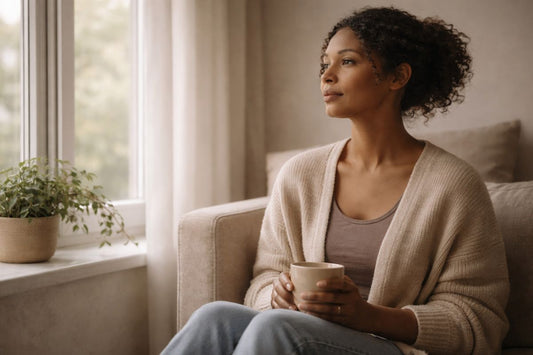 woman sitting quietly in a calm home setting, pausing to reflect during a moment of emotional overwhelm