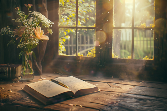 Open journal with handwritten notes and pen on a rustic wooden desk by a sunny window, with a vase of flowers nearby, symbolizing healing and reflection through writing.