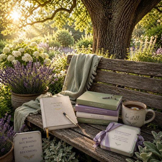 Peaceful garden reading nook with journals, devotionals, tea, and blooming lavender beneath an oak tree.