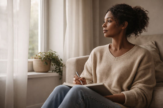 Woman sitting by a window journaling quietly, reflecting during a moment of uncertainty and new beginnings
