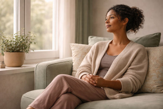 Woman resting quietly in a calm home setting, pausing and allowing herself to slow down