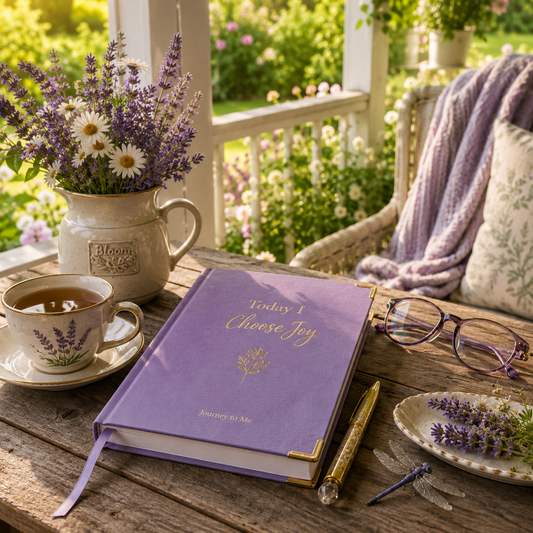 A lavender journal, tea, and fresh flowers on a rustic porch table overlooking a peaceful summer garden.