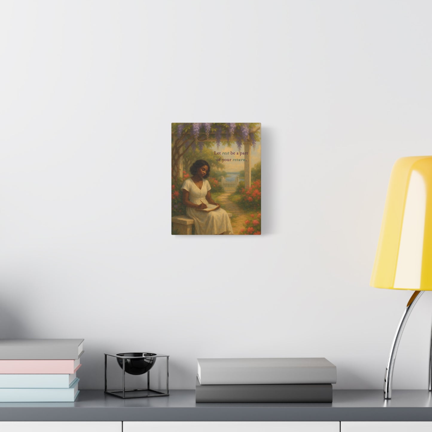 “Rest by the Garden Gate” – 8×10 Inspirational Canvas for Self-Care and Sacred Reflection