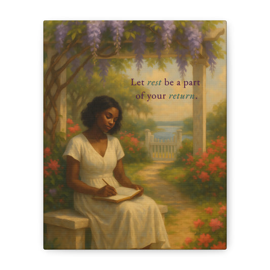 “Rest by the Garden Gate” – 8×10 Inspirational Canvas for Self-Care and Sacred Reflection