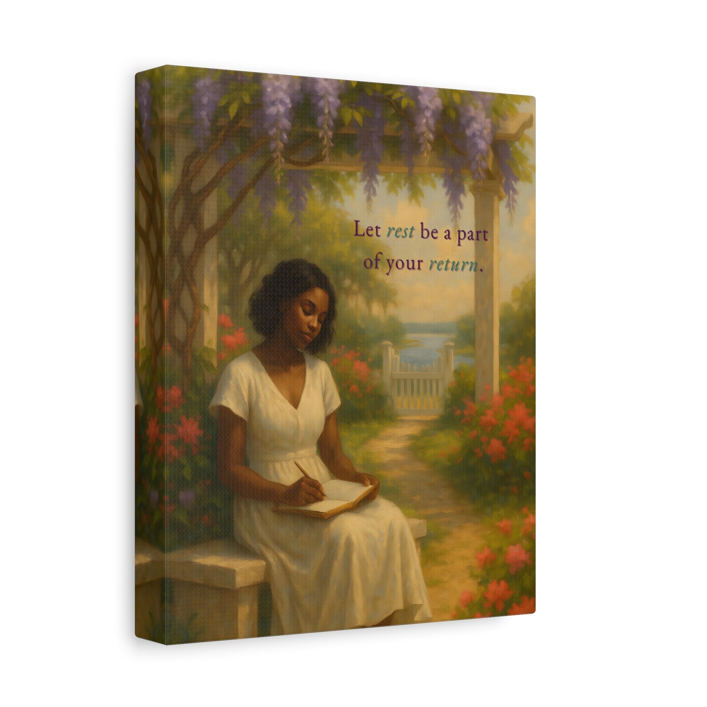 “Rest by the Garden Gate” – 8×10 Inspirational Canvas for Self-Care and Sacred Reflection