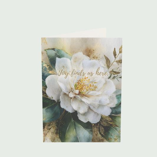 Joy Finds Us Here – Elegant White Camellia Holiday Greeting Card | Season of Light Collection | Inspirational Christmas & New Year Card