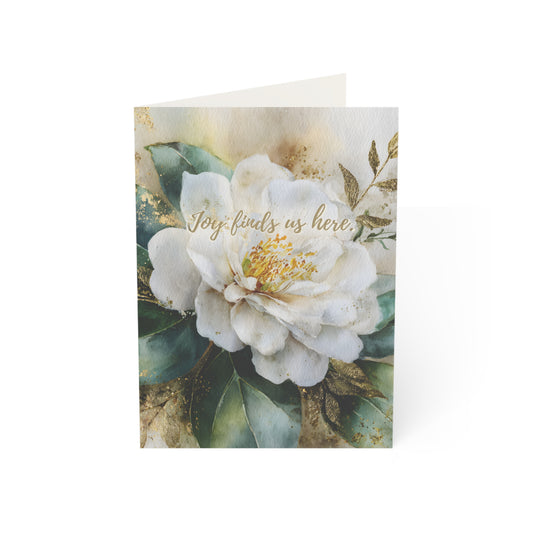 Joy Finds Us Here – Elegant White Camellia Holiday Greeting Card | Season of Light Collection | Inspirational Christmas & New Year Card