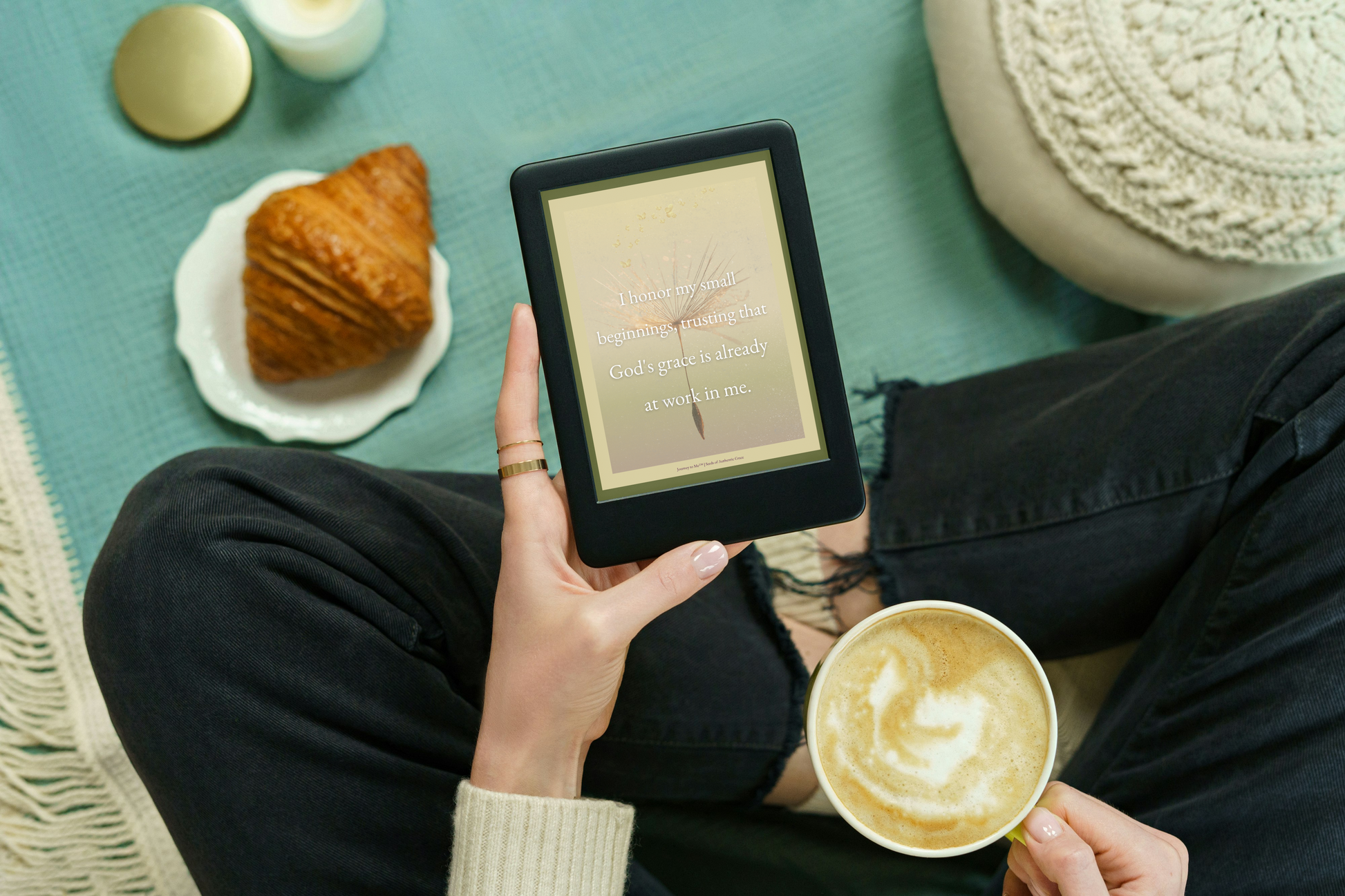 Woman reading Seeds of Authentic Grace devotional on tablet with coffee